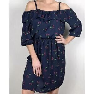 Charming Charlie $30 XL Navy Blue Red Cherry Print Off Shoulder Adjustable Dress